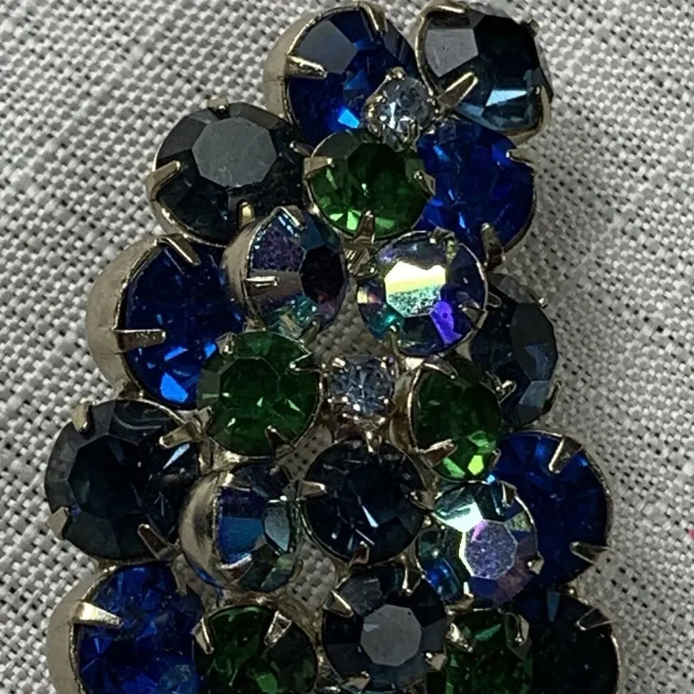 Vintage Brooch Blue Green Rhinestone Silver Tone 2” Jewelry Fashion Leaf Pin